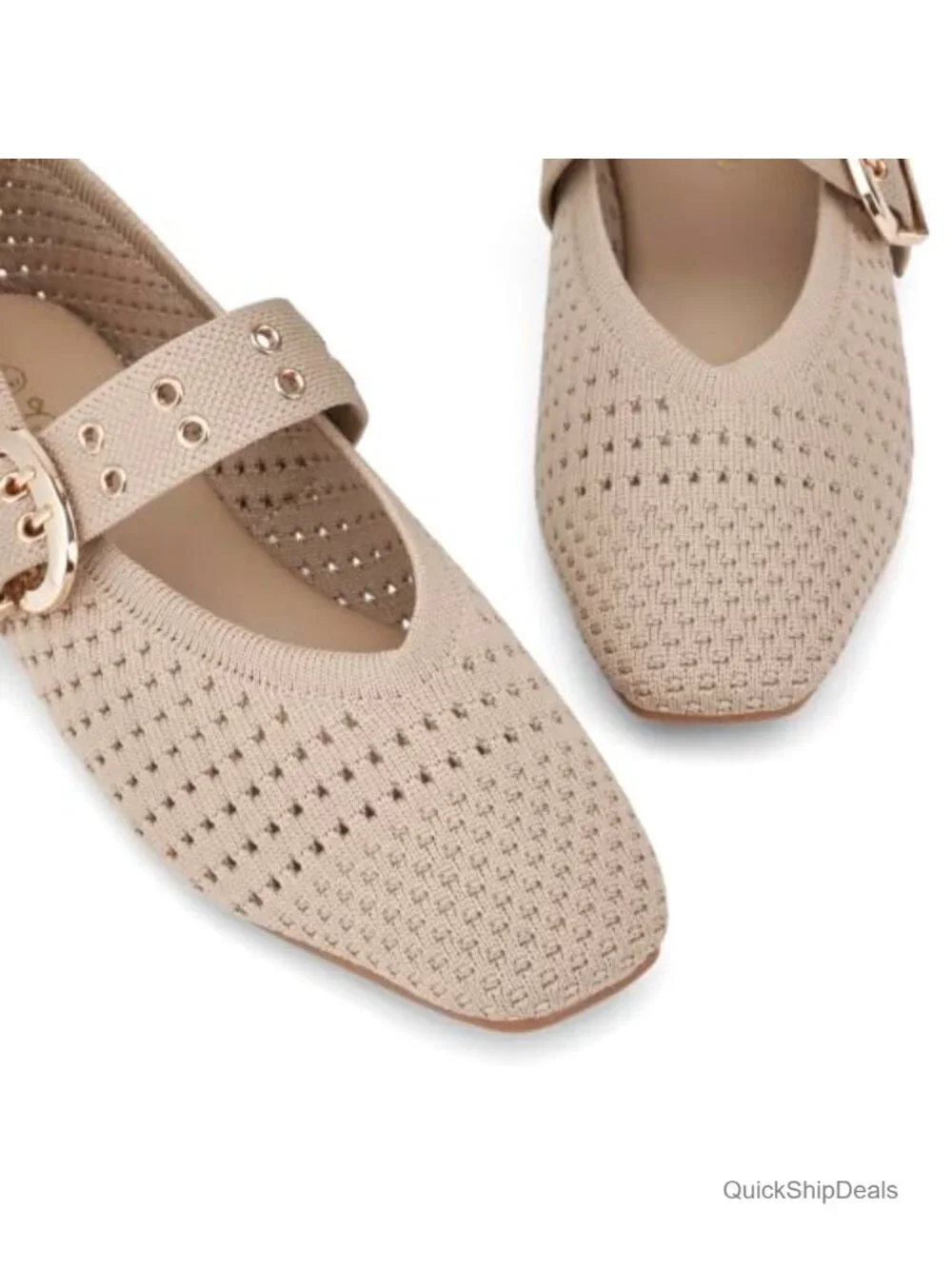 Women's Square Toe Knit Ballet Flats with Buckle Strap - Comfortable Casual